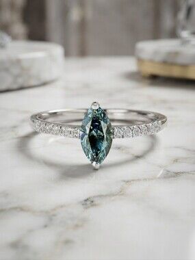 Blue Marquise Cut Diamond Engagement Ring 14K White Gold 0.83 TCW